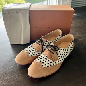 NEW DIEPPA RESTREPO Brown, Black & White Polka Dots. Wingtip Cap Toe Flat Shoes